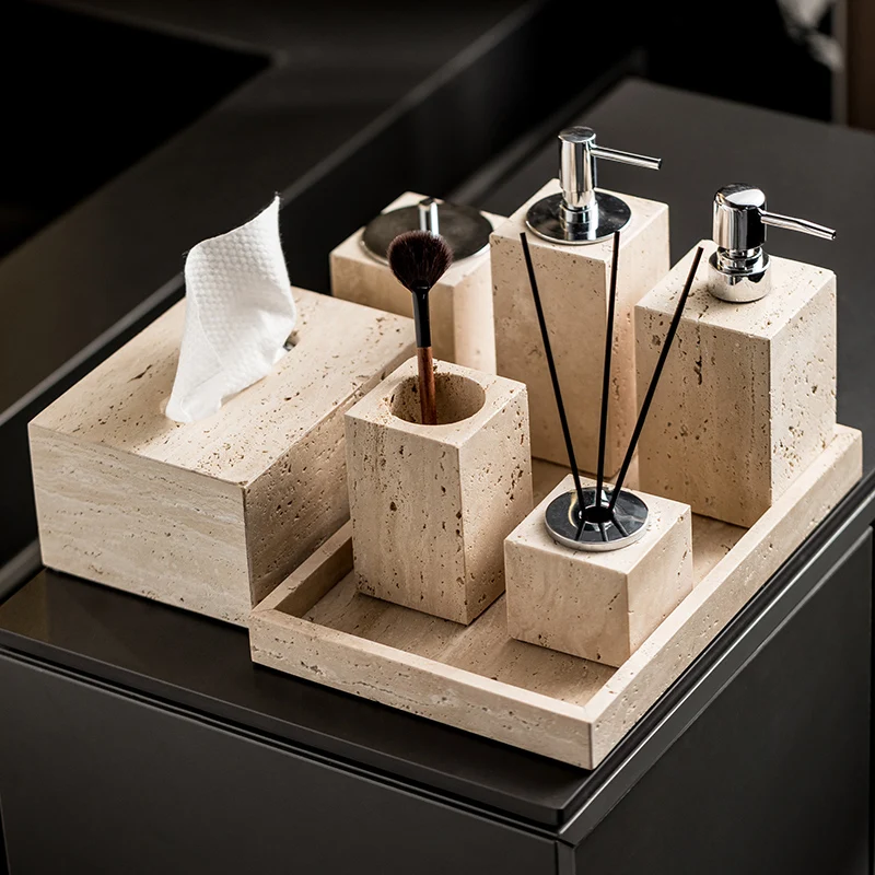 Zara Home Bathroom Set - Beżowy zestaw łazienkowy z travertynu, naturalny